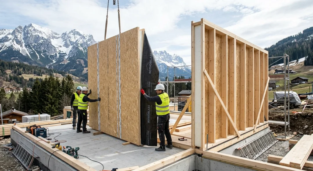 Pose de membranes acoustiques entre panneaux SIP sur un chantier de maisons mitoyennes