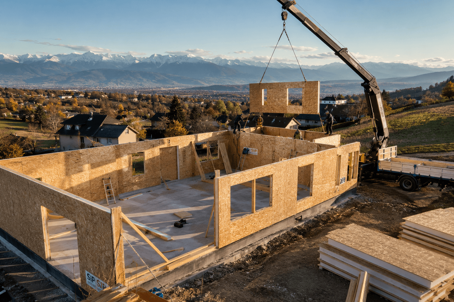 Chantier de construction avec panneaux SIP à Annemasse et vue sur les Alpes