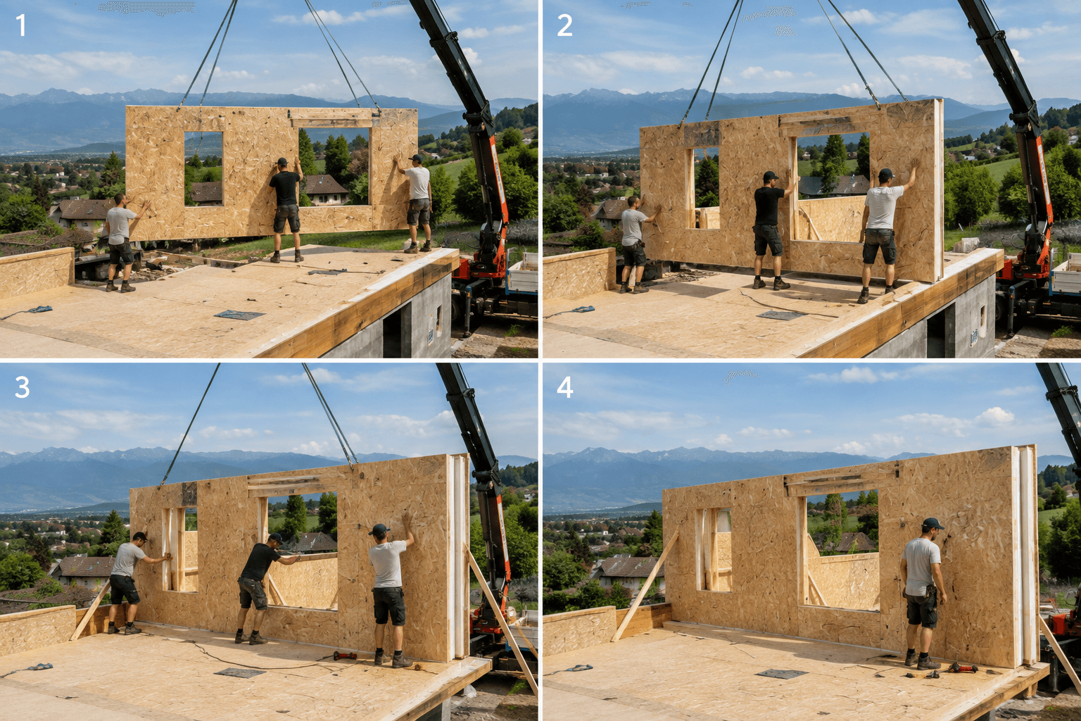 Équipe réduite installant un panneau SIP préfabriqué sur un chantier rapide