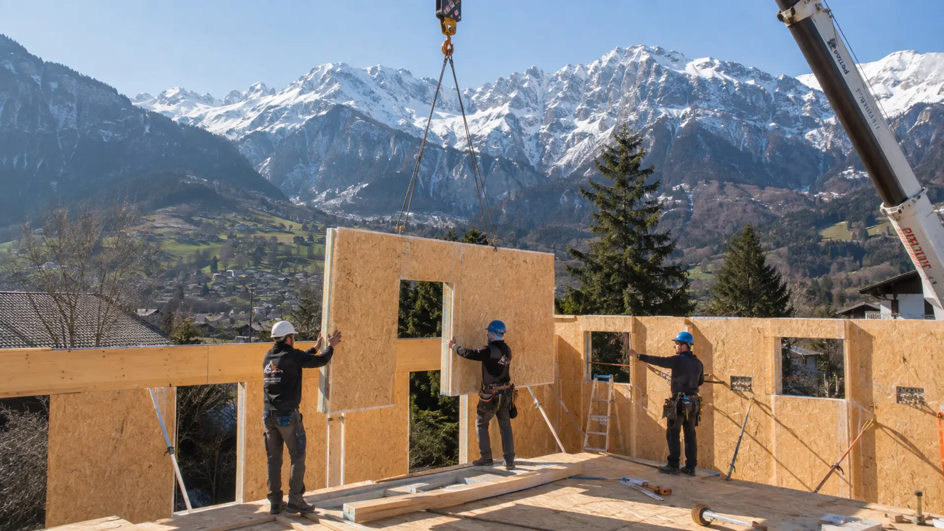 Équipe de montage installant un panneau SIP sur un chantier bois Annecy