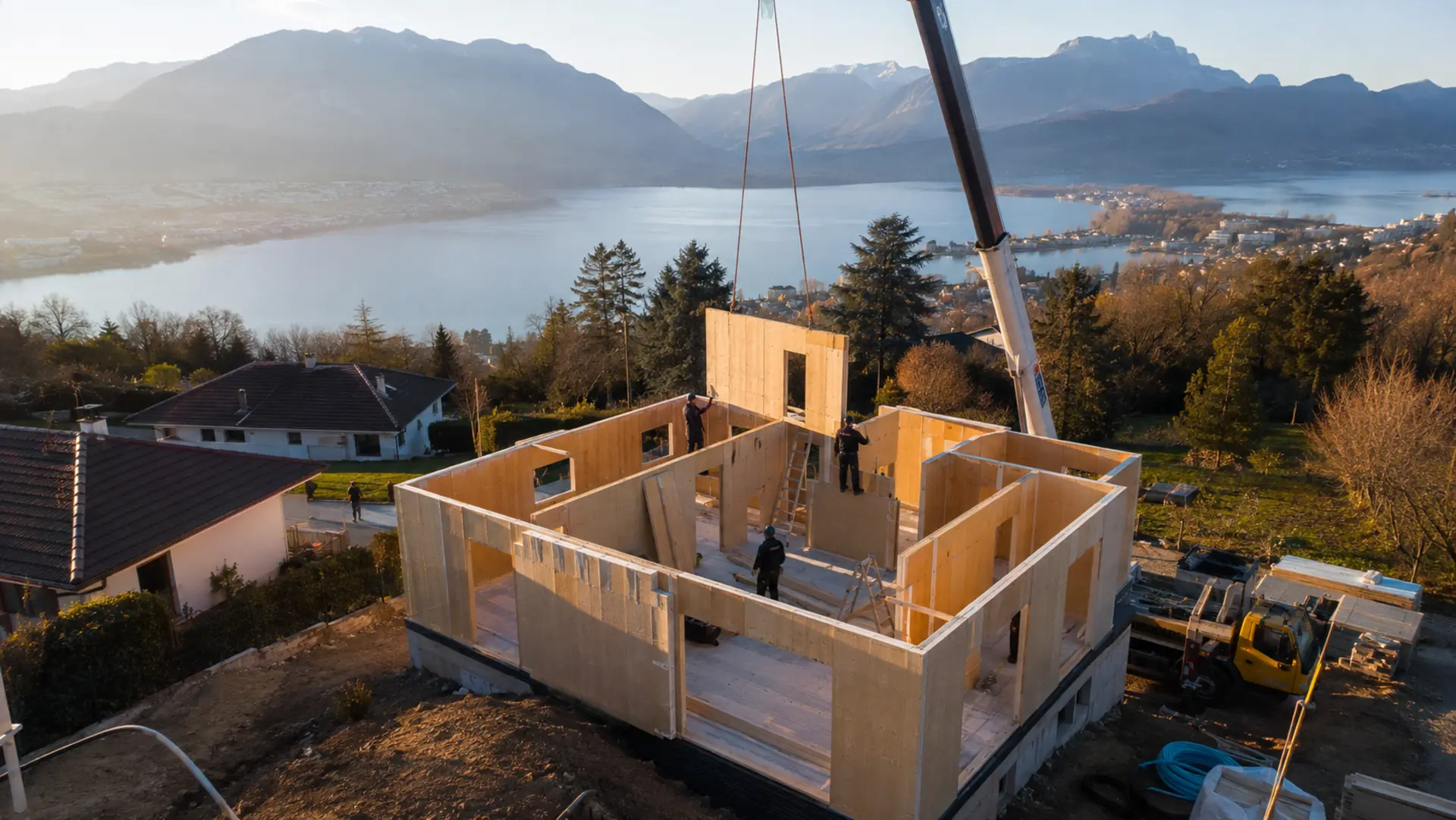 Chantier de construction avec panneaux SIP Annecy et montagnes en arrière-plan