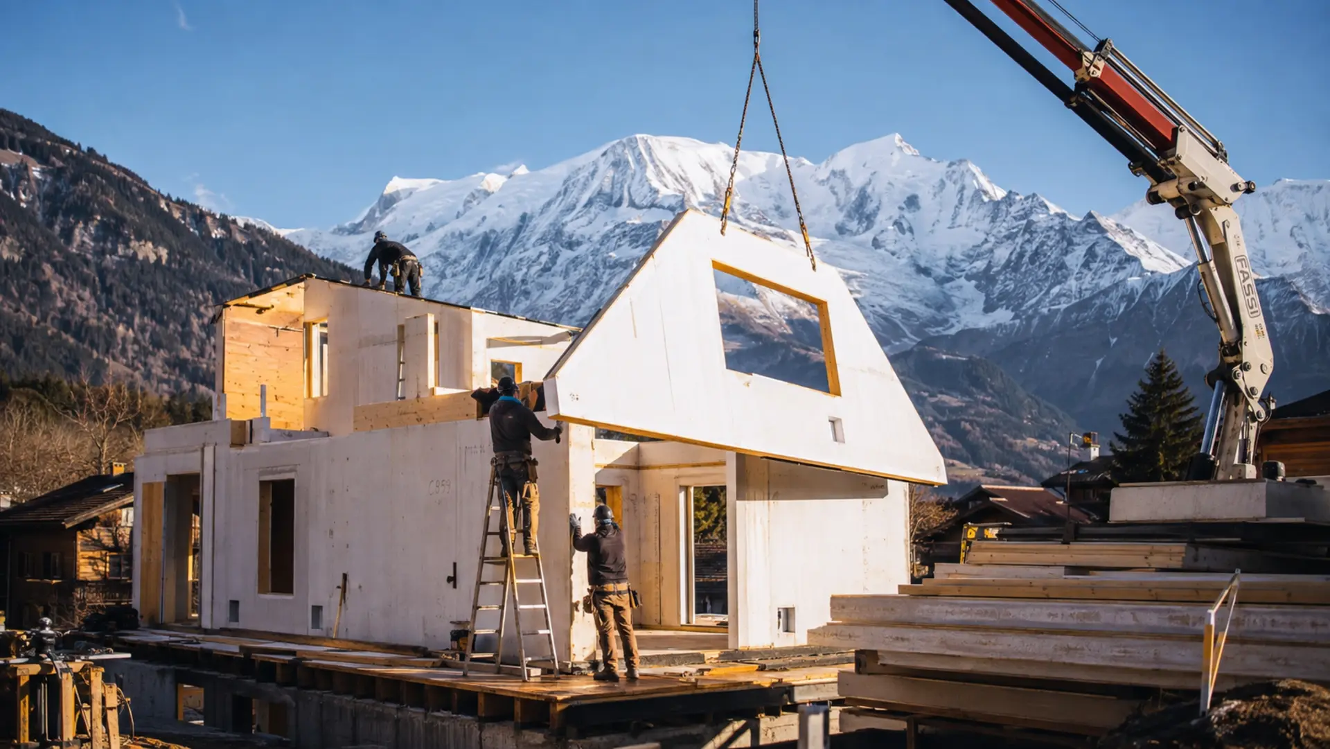 Panneaux SIP Sallanches — chantier de chalet au pied du Mont-Blanc