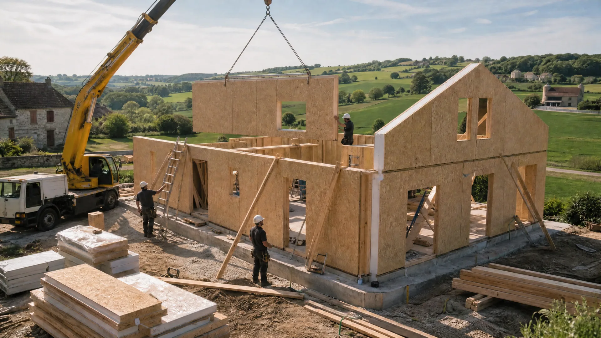 Chantier de construction avec des panneaux SIP en France