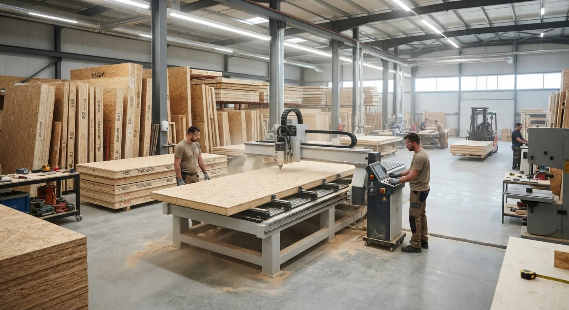 Atelier de construction hors site où des panneaux SIP sont découpés et préparés avant livraison