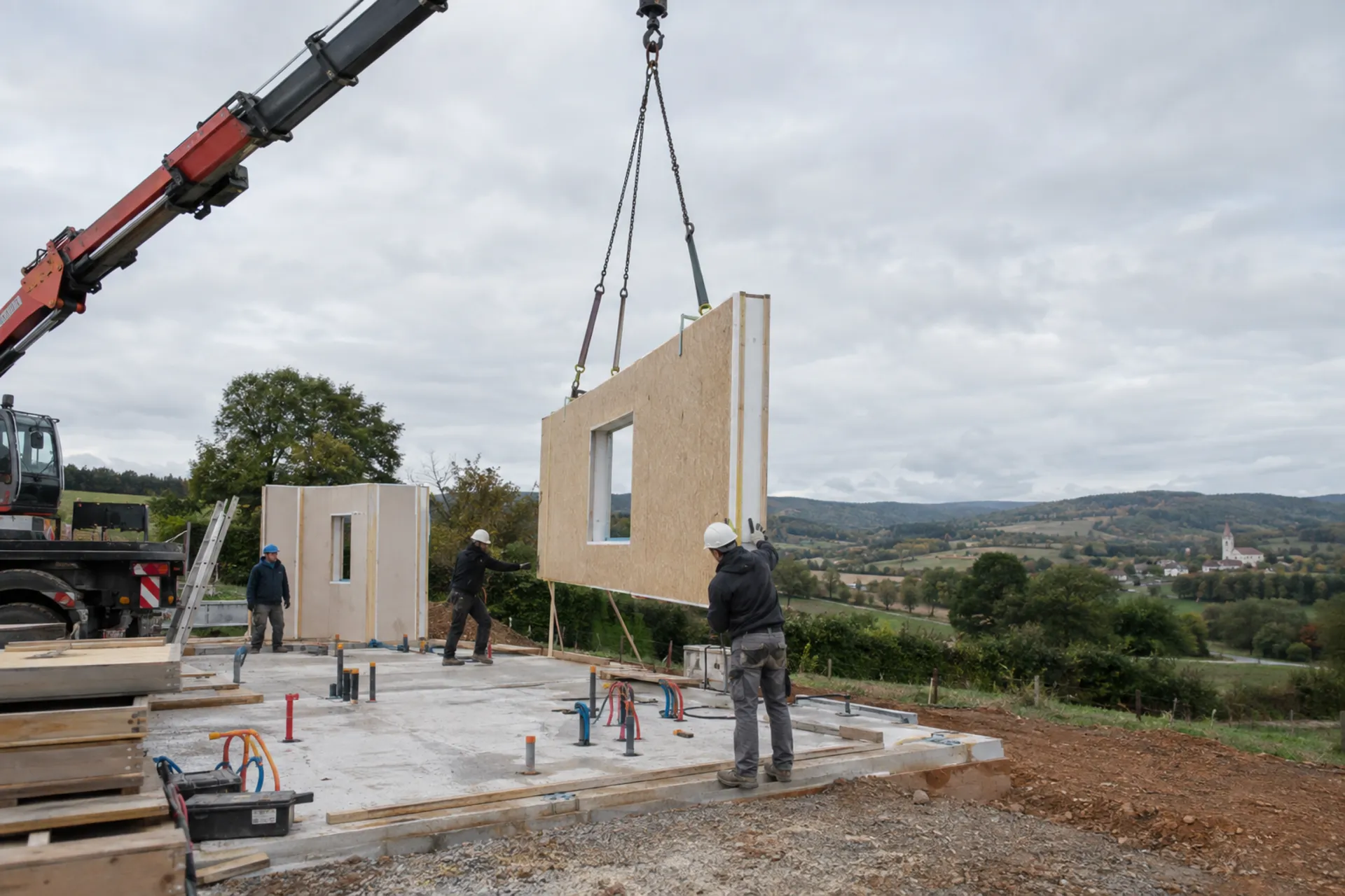 Levage d'un panneau préfabriqué par une grue sur un chantier de construction