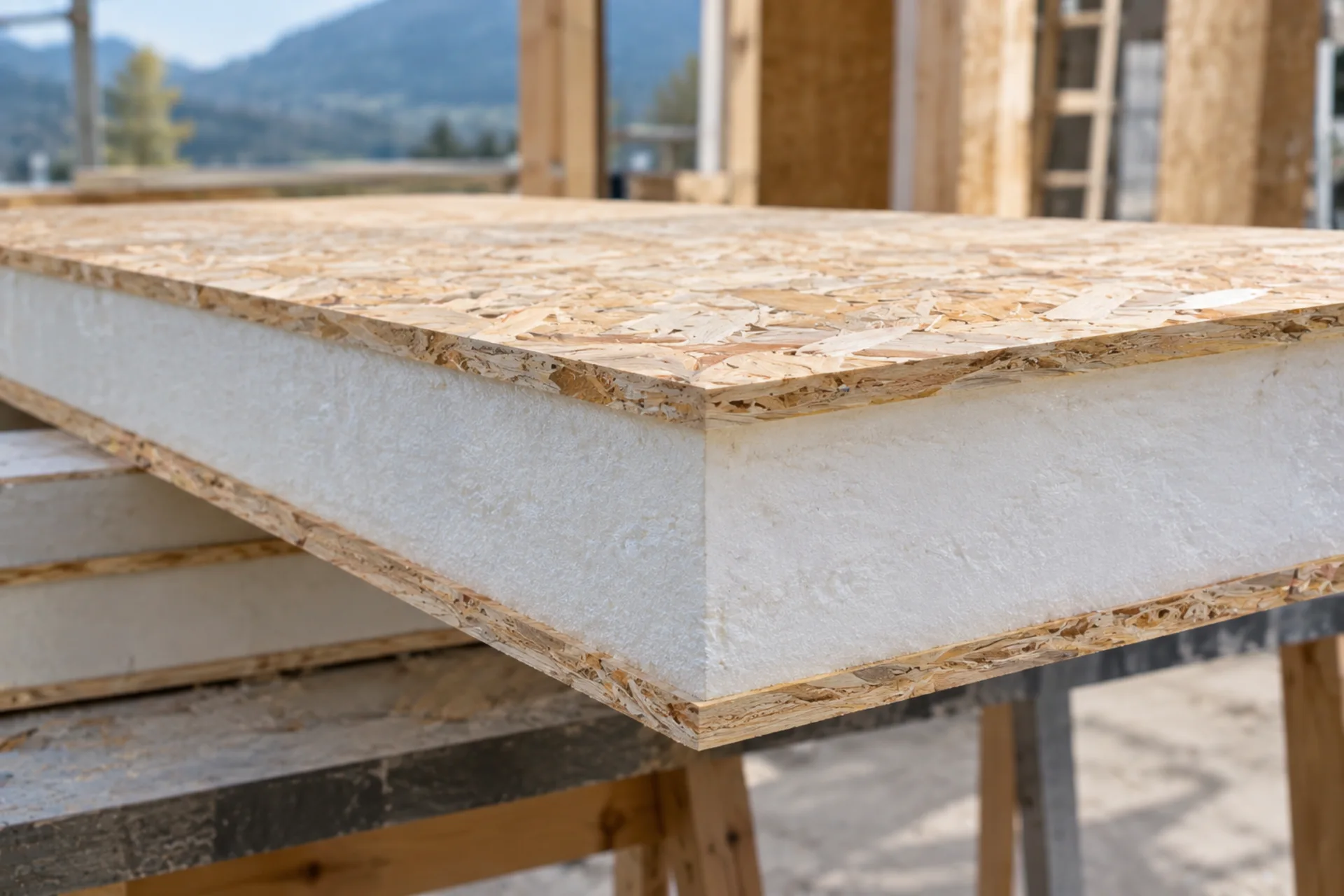 Coupe d'un panneau SIP montrant l'isolant rigide entre deux parements OSB