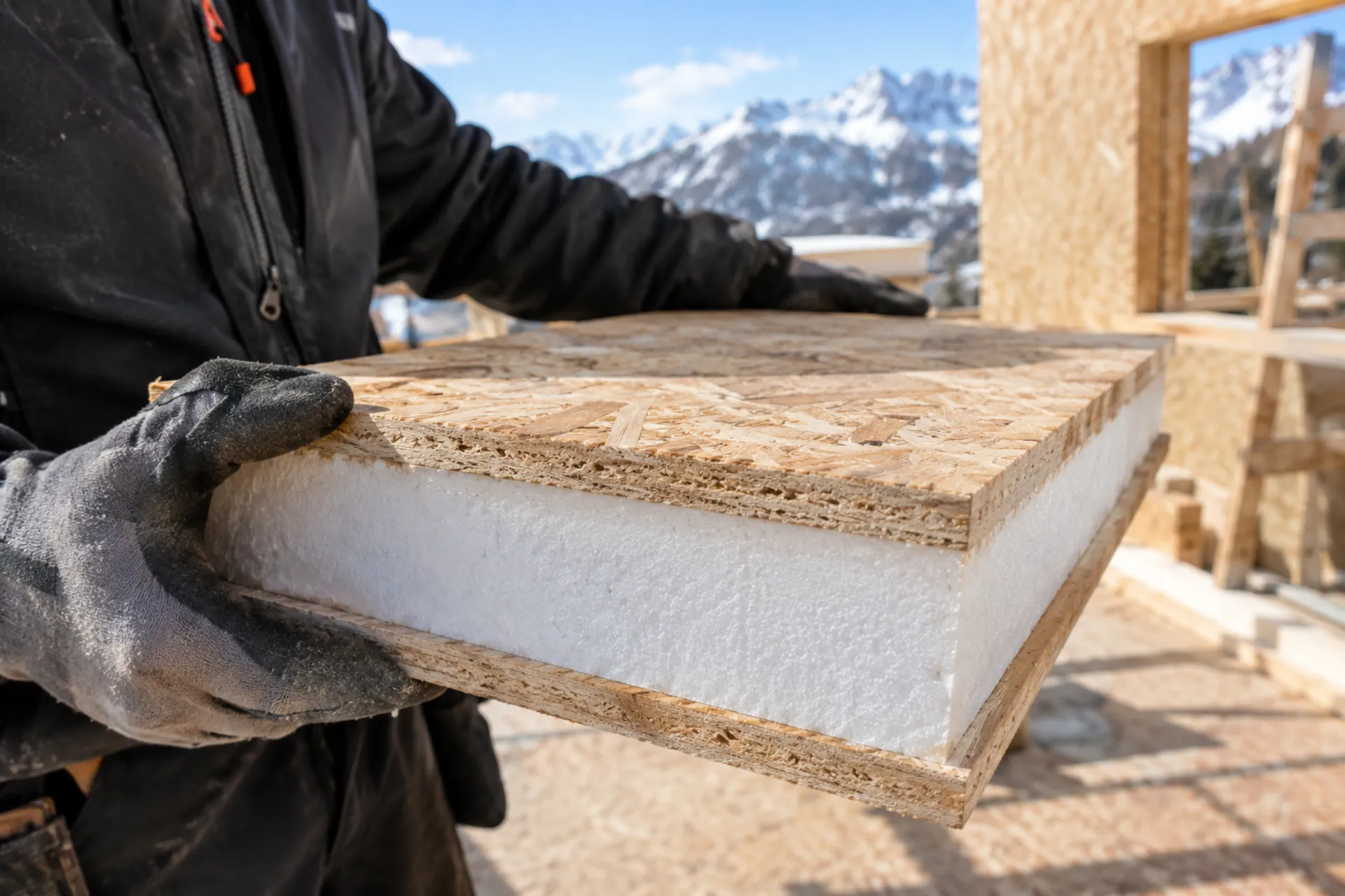 Coupe d'un panneau SIP montrant l'isolation et les parements, chantier BTP Savoie