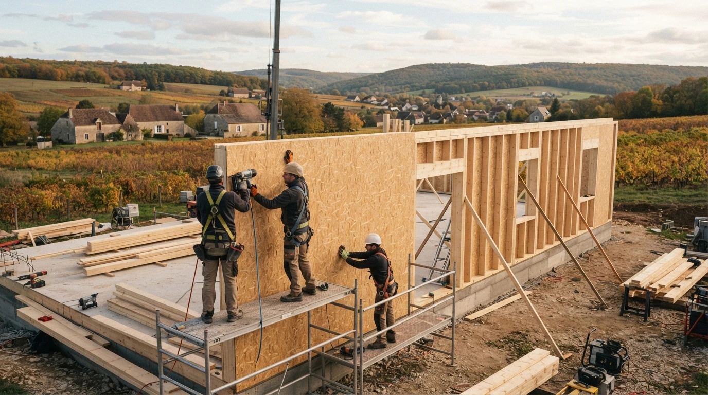 Montage d'un mur en panneaux SIP sur un chantier en Côte-d'Or