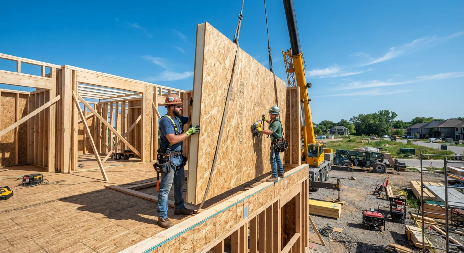 Pose de panneaux SIP par une équipe réduite sur un chantier